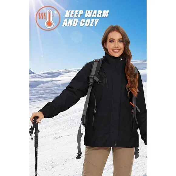 Women's Pure Black 3-in-1 Winter Waterproof Windproof Fleece Lined Winter Jacket